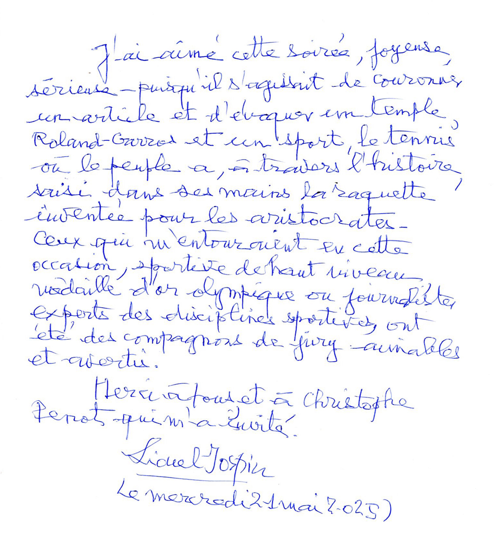 13e Prix Denis-Lalanne 2025 Roland-Garros livre d'or Lionel Jospin